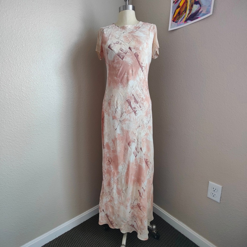 Vintage 90s Benjamin A Rayon Maxi Dress Bias Cut Abstract Print Boho Cottagecore